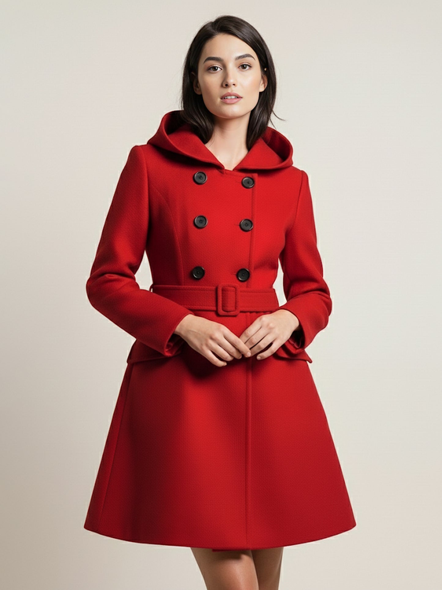 Hooded A-Line Midi Coat With Double-Breasted Design And Belt For Women 2026