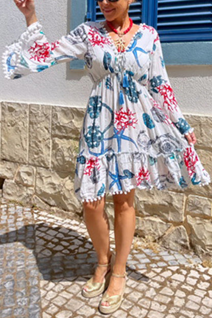 Bell Sleeve V Neck Coral Starfish Short Dress