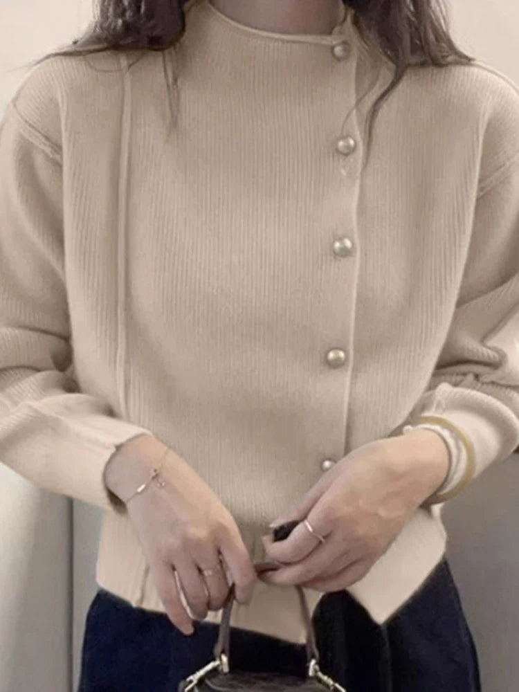 Christmas Red Puff Sleeve Button-Up Elegant Knitted Cardigan