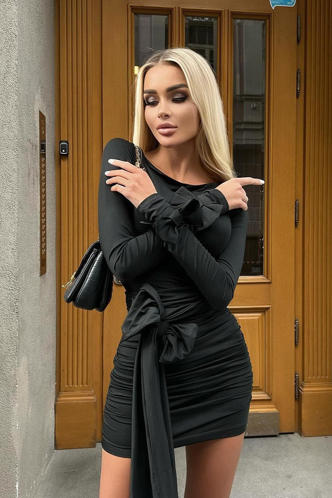 Scoop Neck Bow Tie Cuff Long Sleeve Side Bow Ruched Bodycon Mini Dress