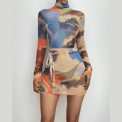 Self tie sheer mesh long sleeve high neck contrast print mini dress