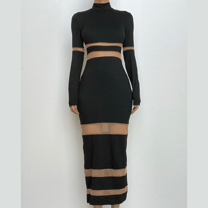 High Neck Mesh Panel Contrast Long Sleeve Bodycon Maxi Dress