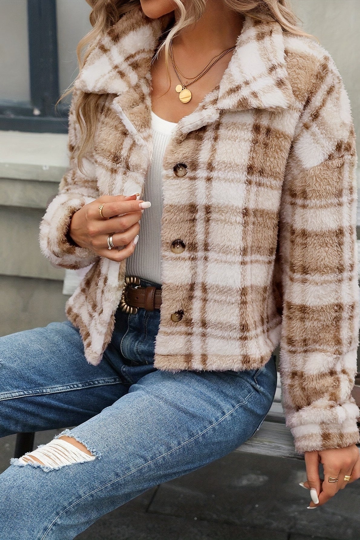 Plush Double Sided Plaid Button Cardigan Coat