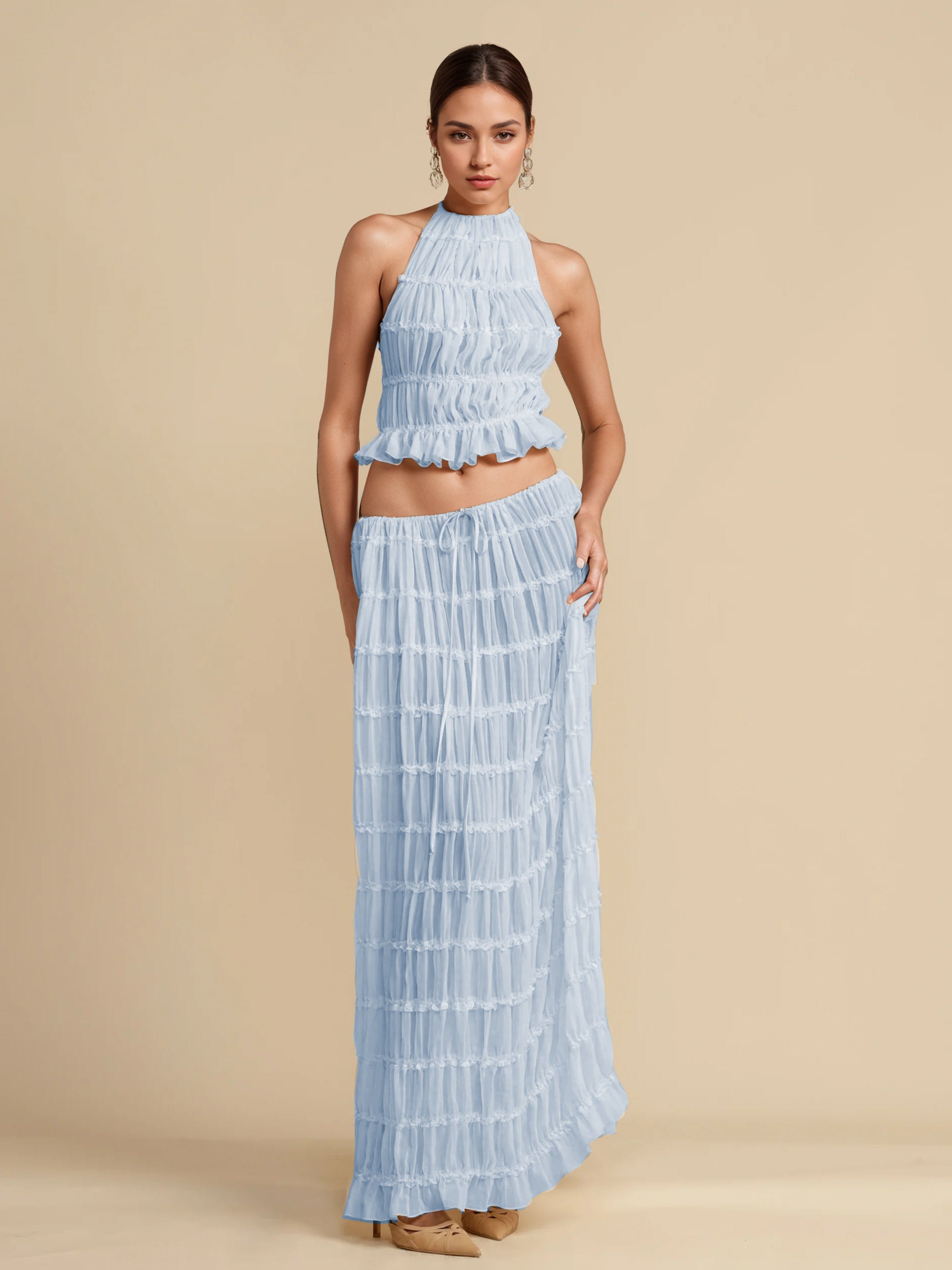 Textured Halter Neck Crop Top And Long Skirt 2 Piece Co-ord Set For Beach 2026