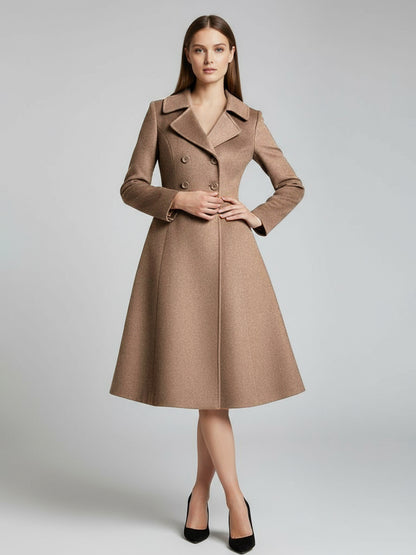Double-Breasted Wool Blend Midi Coat With Flared A-Line Silhouette For Women 2026