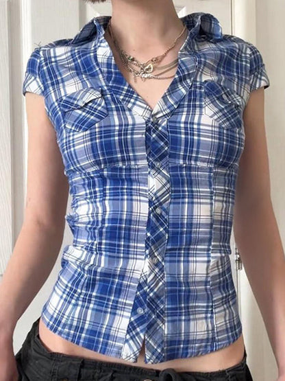 Blue Vintage Plaid Print Short Sleeves Shirts