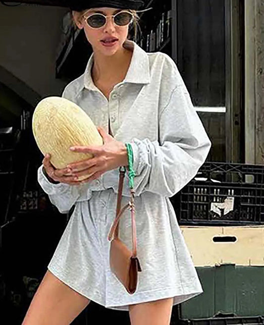 Grey Single Breasted Shorts Office Two Piece Set