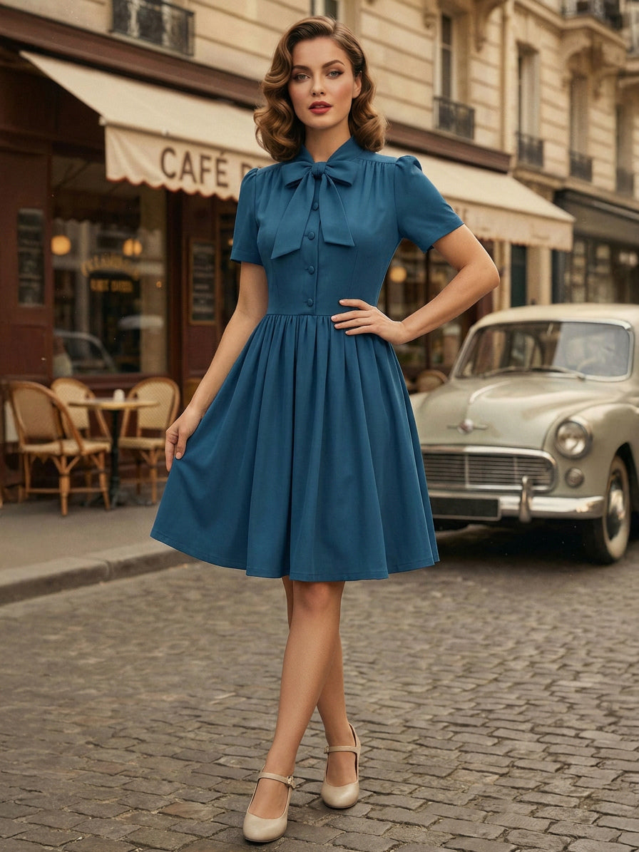 Vintage 1950s Midi Swing Tea Dress for Women - Bow Neck Short Sleeve Fit and Flare Rockabilly Gown - Garden Party 2026