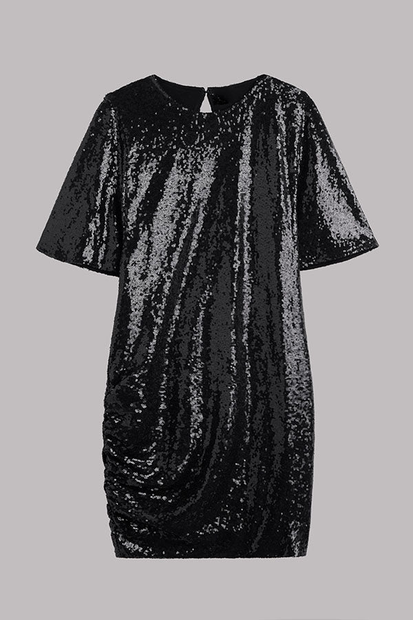 Countdown Celebration Sequin Short Bell Sleeve Open Back Ruched Mini Dress