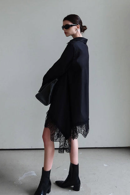 Point Collar Button Front Long Sleeve Lace Trim Handkerchief Hem Mini Shirt Dress