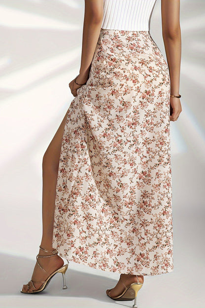 High Waist Split Floral Slim Maxi Skirt