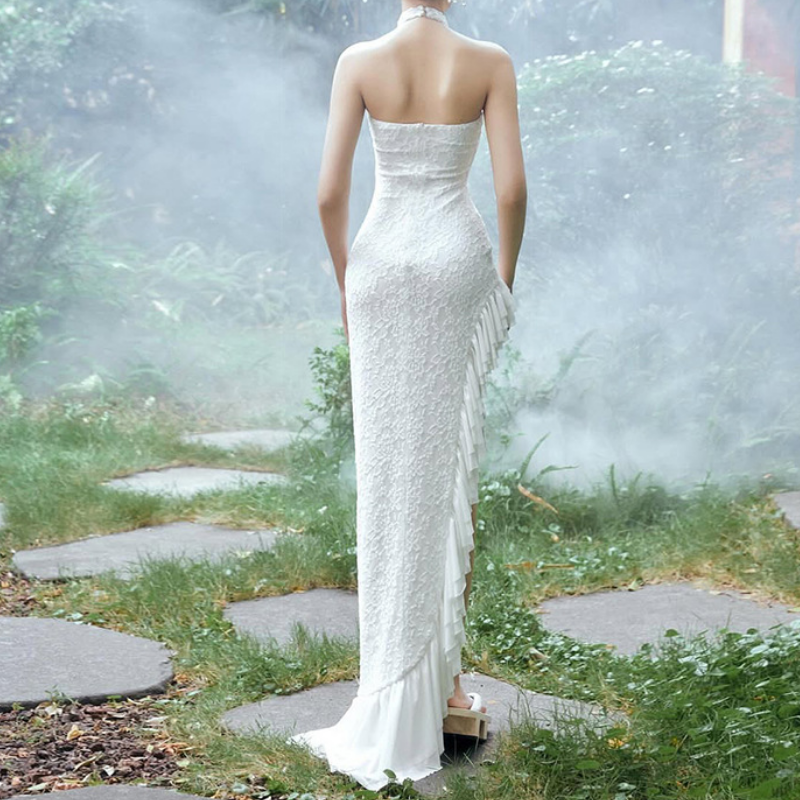 Halter slit ruffle irregular lace maxi dress