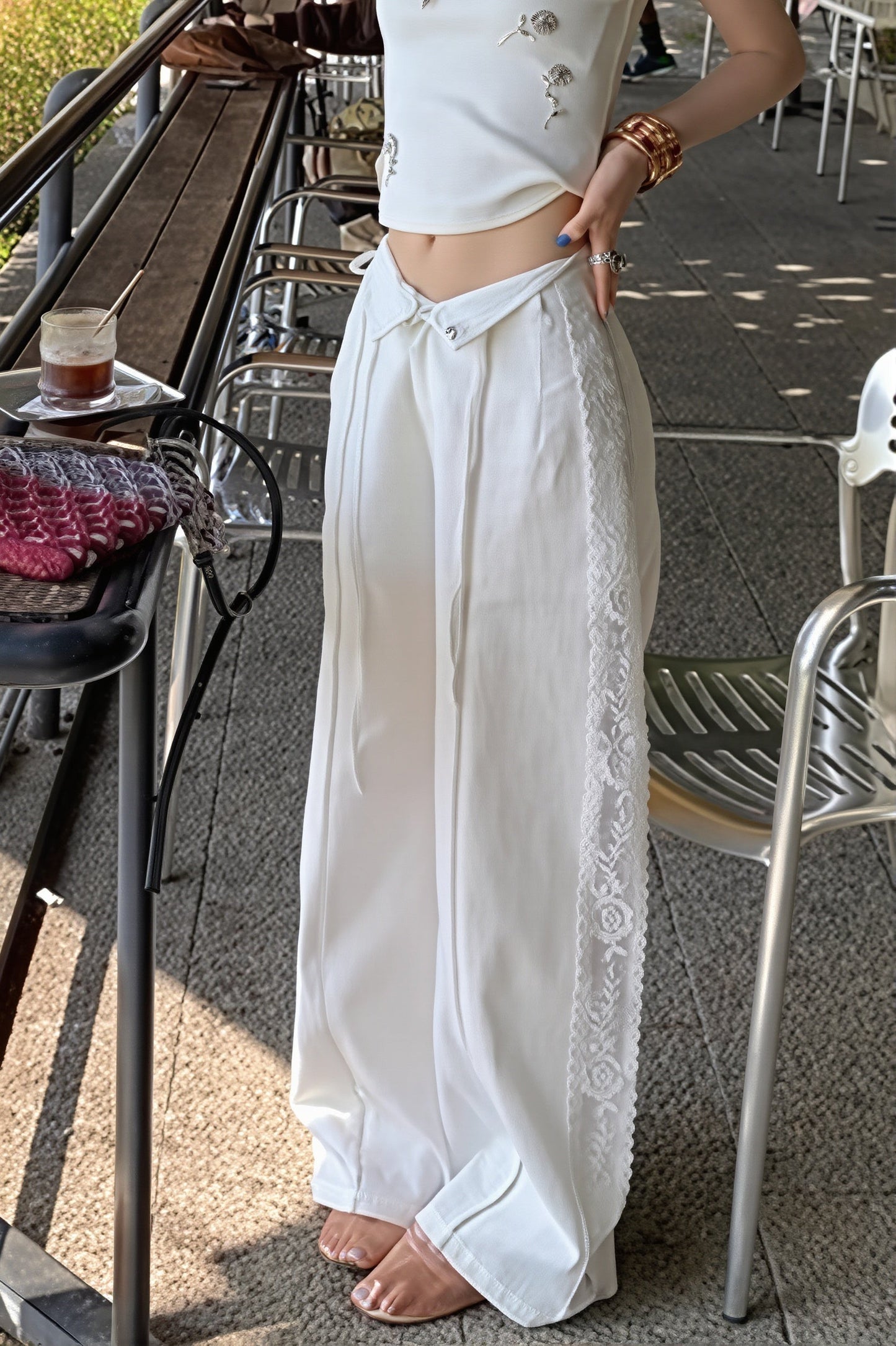 Linen Lace Splicing Straight Pants
