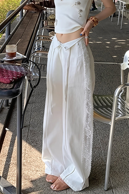 Linen Lace Splicing Straight Pants