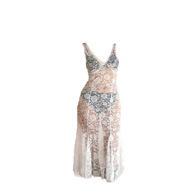Sleeveless V neck rose pattern lace see through midi dress