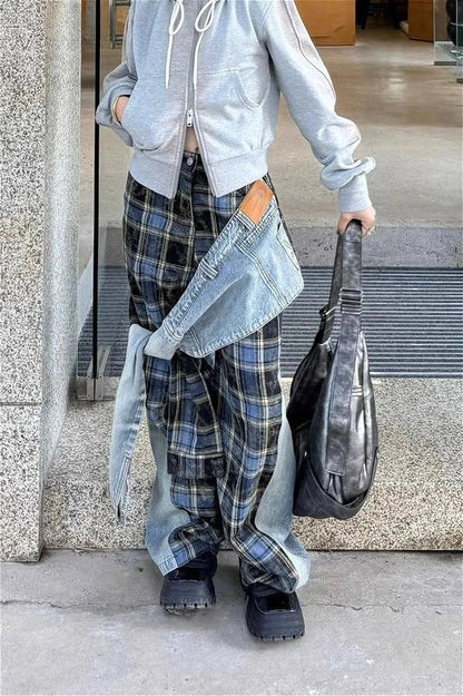 Plaid Patchwork High Waist Denim Pant