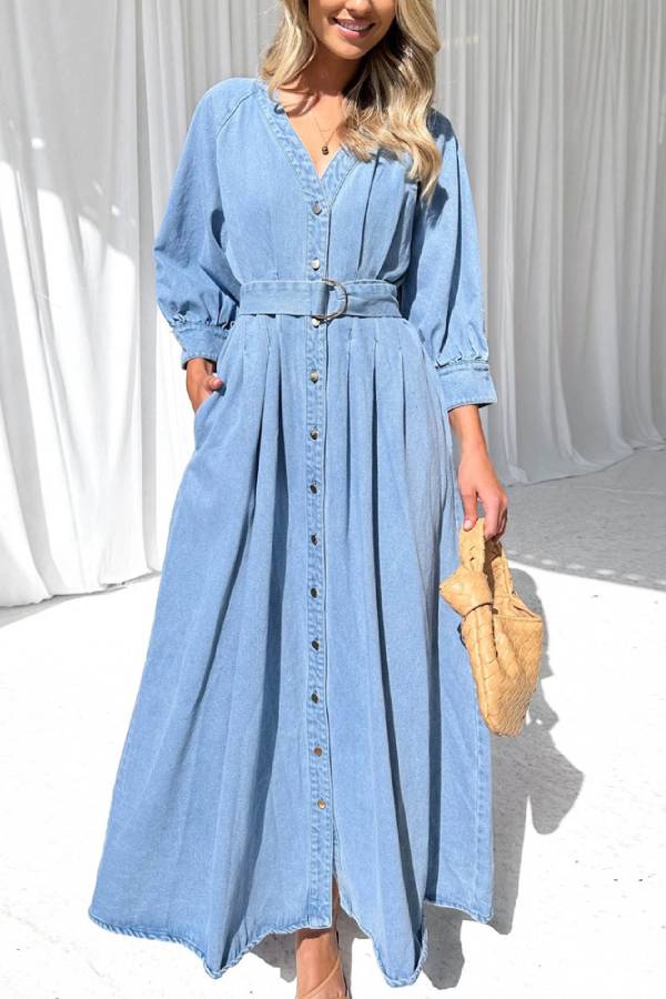 Waist casual button-down denim maxi dress