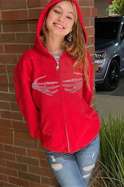 Retro Skull Hand Print Zip-Up Hoodie