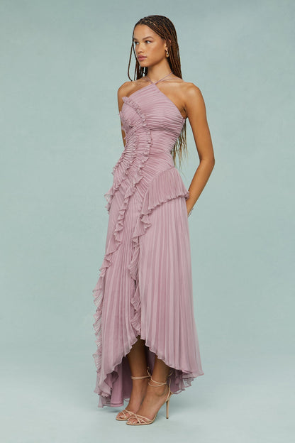 Lotus Pink – Flowy Backless Halter Dress with Pointed Collar