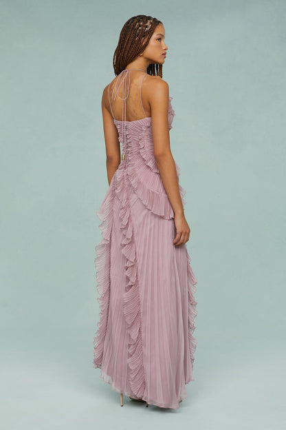 Lotus Pink – Flowy Backless Halter Dress with Pointed Collar