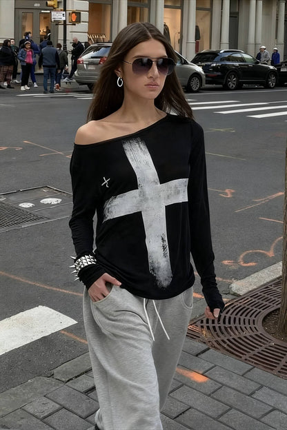 Cross Print Asymmetrical T-Shirt