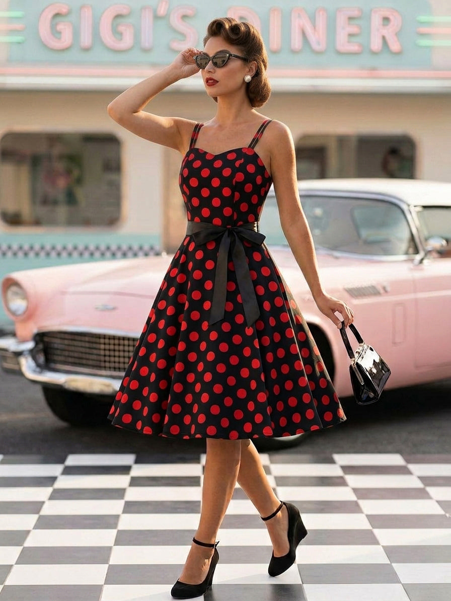 Polka Dot Vintage Midi Swing Dress for Women - 1950s A-Line Belted Rockabilly Slip Sun Dress - Summer Holiday Party 2026
