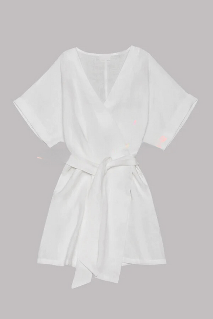 Cotton Linen Blend Pocketed Belt Kimono Mini Dress