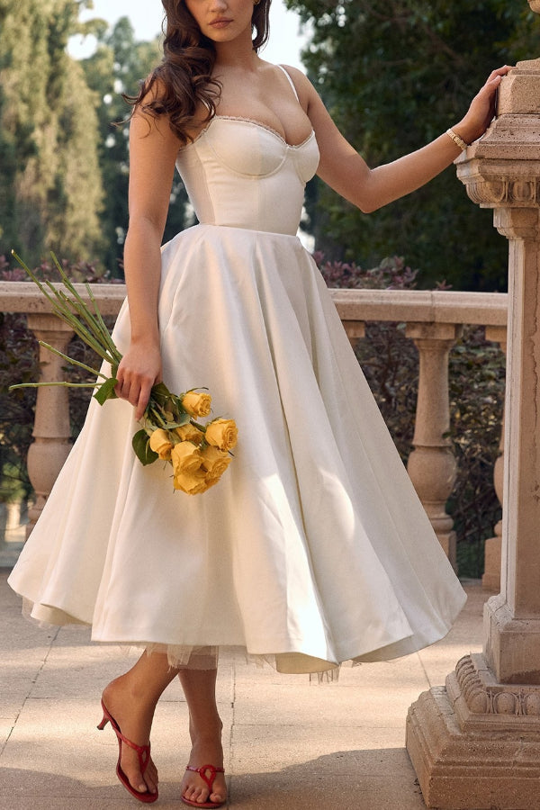 Lace Trim Sweetheart Corset Bodice Tulle Petticoat Fit and Flare Midi Dress