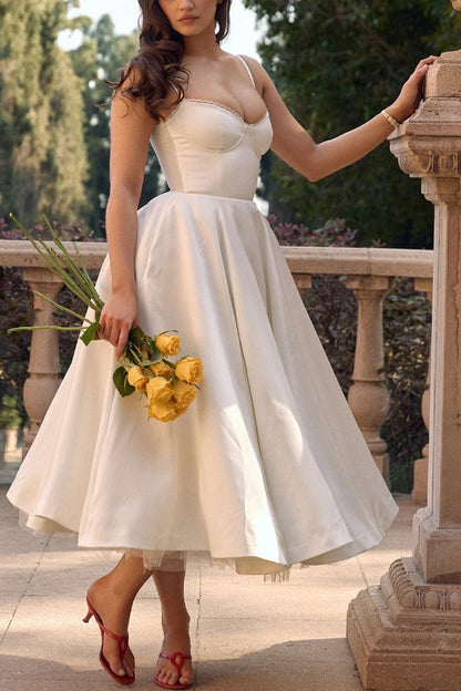 Lace Trim Sweetheart Corset Bodice Tulle Petticoat Fit and Flare Midi Dress