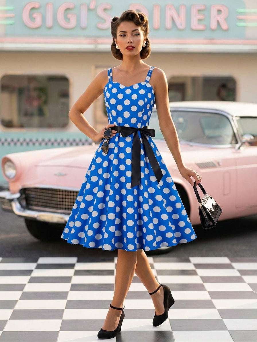 Polka Dot Vintage Midi Swing Dress for Women - 1950s A-Line Belted Rockabilly Slip Sun Dress - Summer Holiday Party 2026