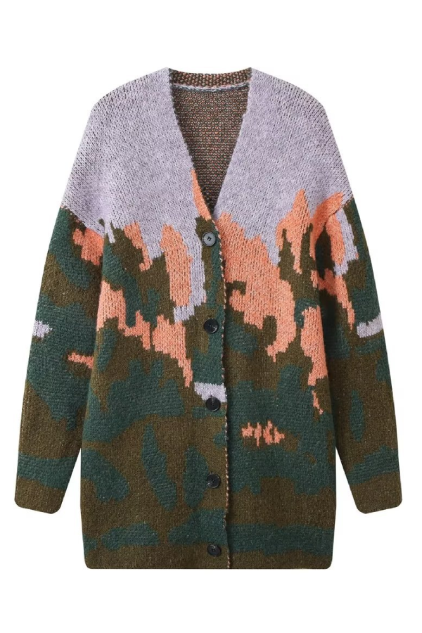 Landscape Pattern Long Sleeve V-neck Loose Knit Coat