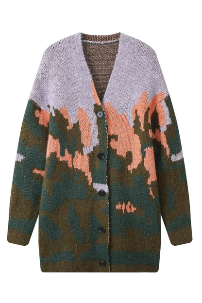 Landscape Pattern Long Sleeve V-neck Loose Knit Coat