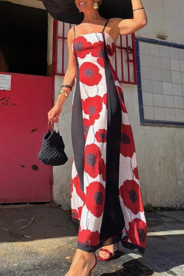Floral Print Suspenders Paneled Back Pleated Maxi Dress