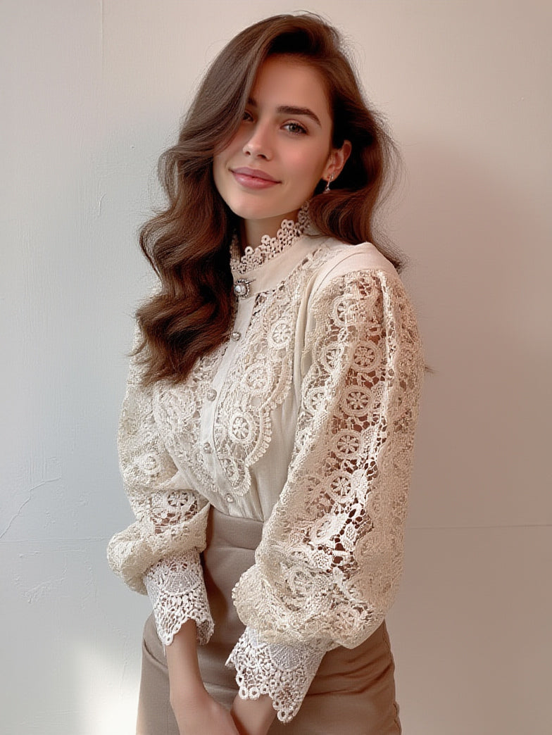 Blouse For Women Pink Lace Cut Out High Collar Casual Long Sleeves Lace Tops