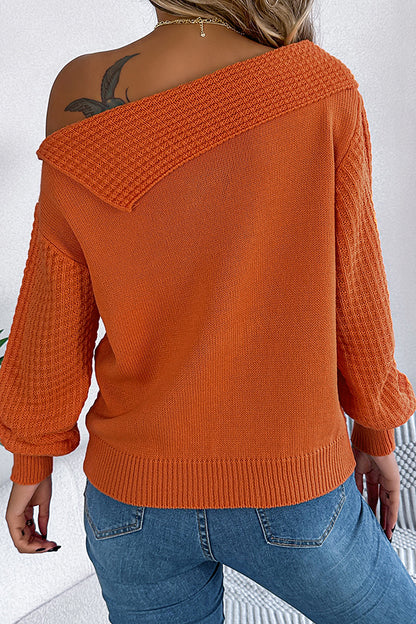 Solid Color Casual One Shoulder Long Sleeve Knitted Sweater