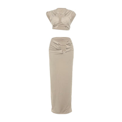 Sleeveless hollow out ruched slit solid maxi skirt set-final-sale
