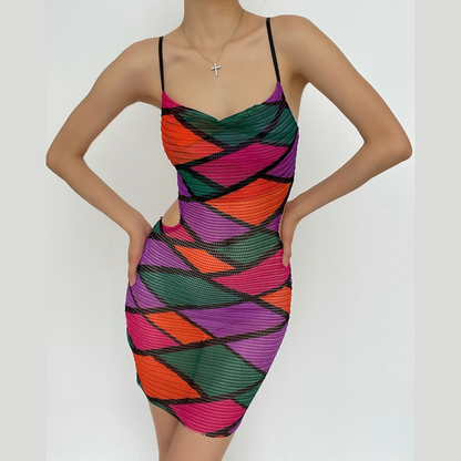 Hollow out sheer mesh see through print contrast cami dress