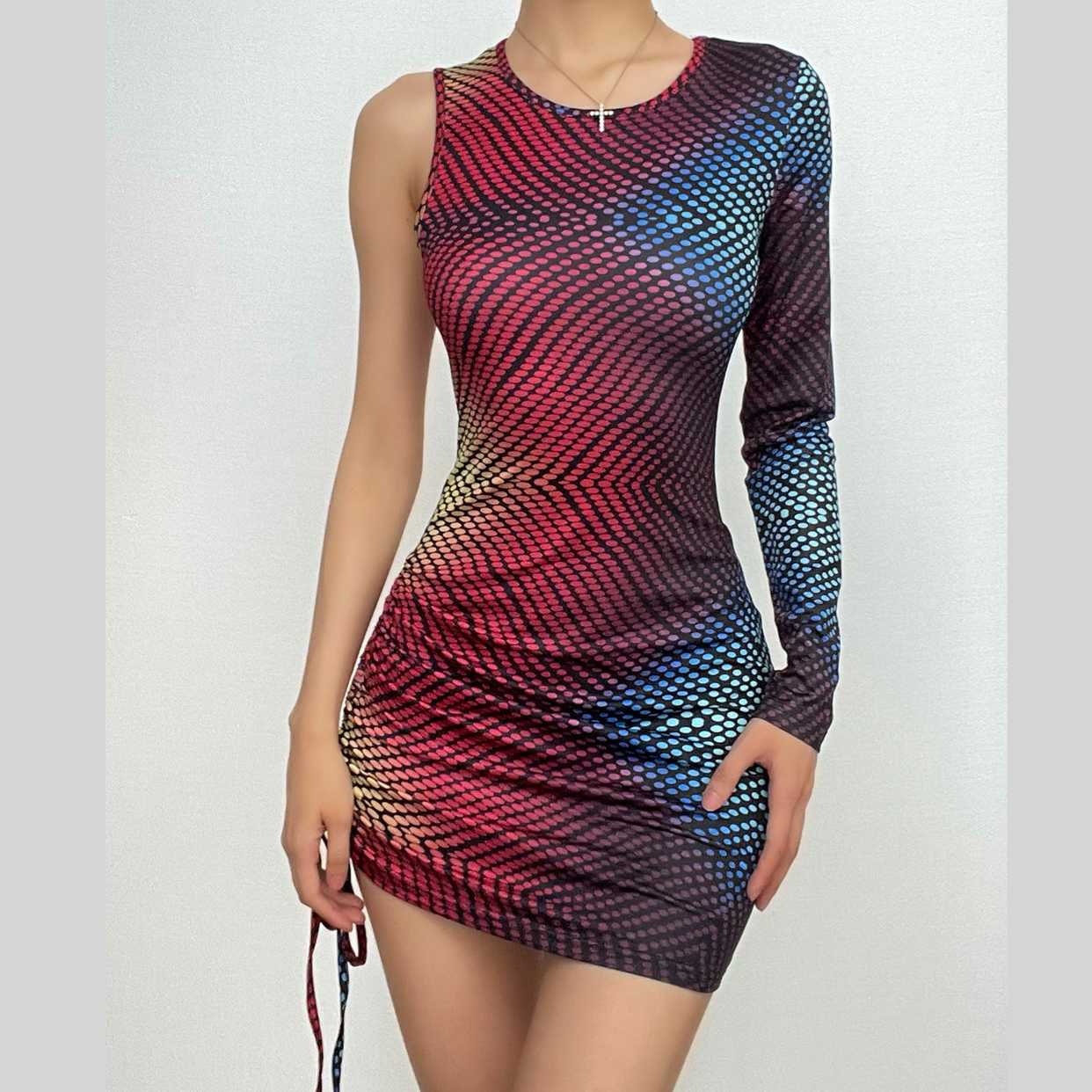 One Shoulder Drawstring Ruched Geometric Print Mini Dress