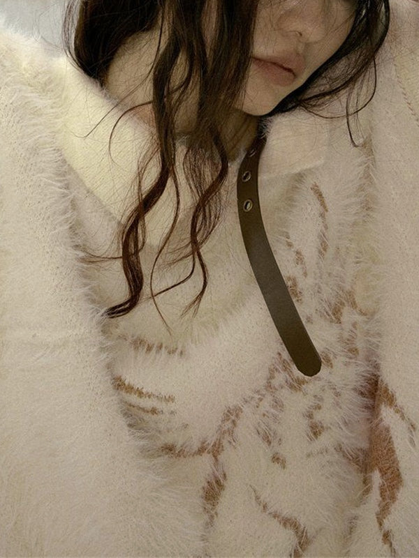 Plush Slanted Shoulder Belted Strap Tattered Hem Sweater