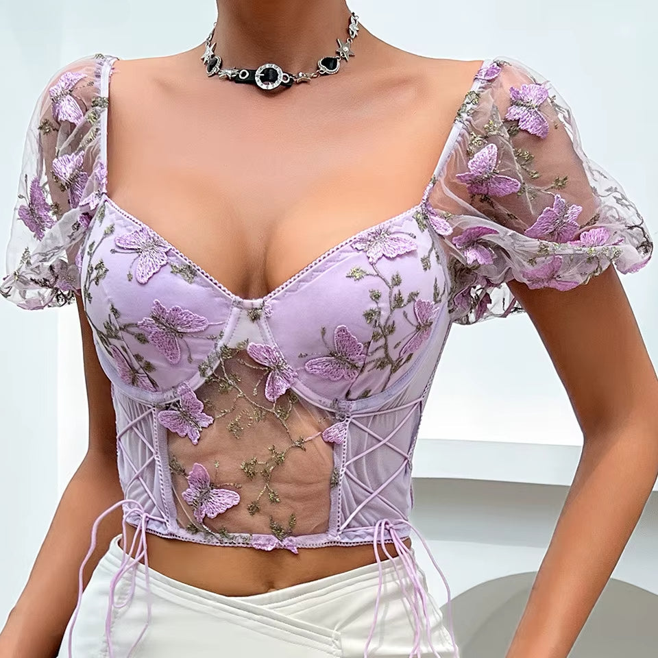 Butterfly Embroidered Mesh Puff Sleeve Lace-up Corset Top