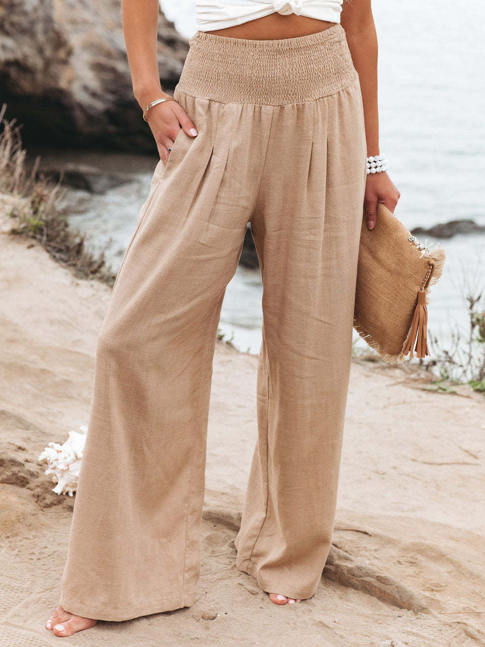 Khaki Linen Pants Wide Leg Elastic Waist Summer Trousers