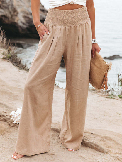 Khaki Linen Pants Wide Leg Elastic Waist Summer Trousers