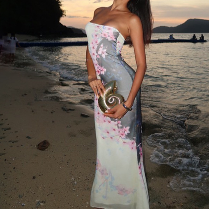 Backless flower print contrast maxi dress