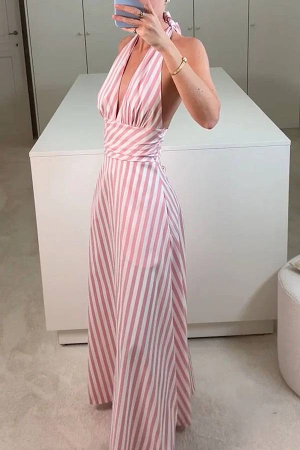 Pink V-neck striped backless dress