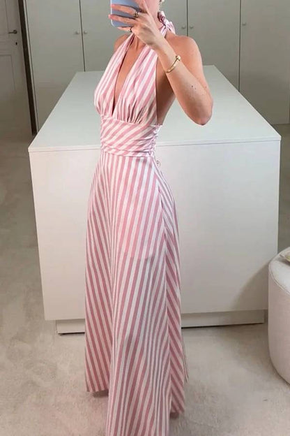 Pink V-neck striped backless dress