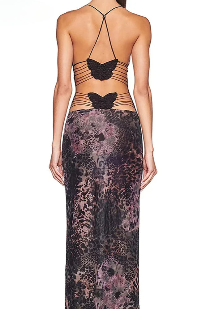 Butterfly Lace Applique Crisscross Back Abstract Print Bodycon Midi Dress