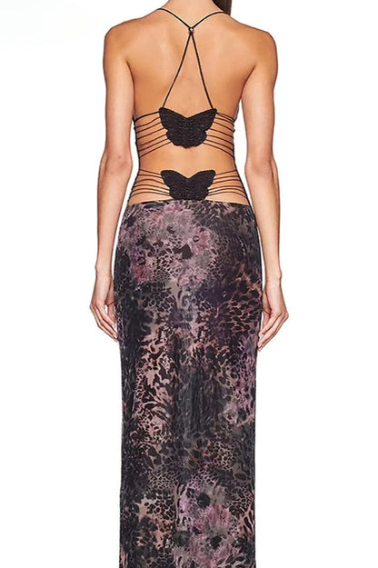 Butterfly Lace Applique Crisscross Back Abstract Print Bodycon Midi Dress