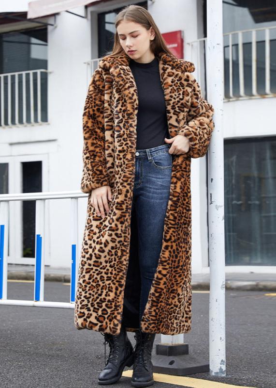 Leopard Print Faux Fur Long Coat with Suit Collar