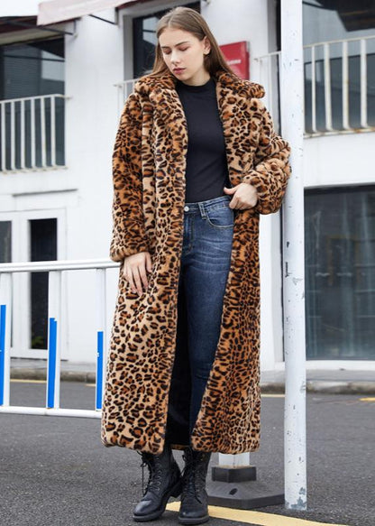 Leopard Print Faux Fur Long Coat with Suit Collar