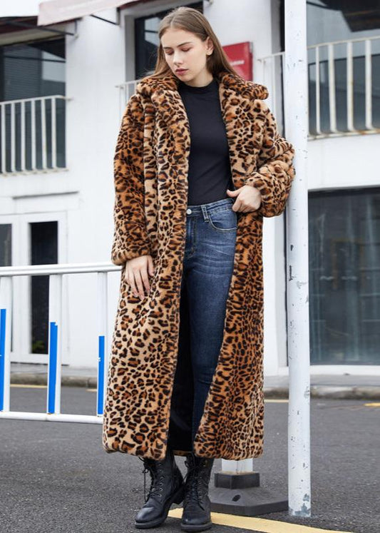 Leopard Print Faux Fur Long Coat with Suit Collar